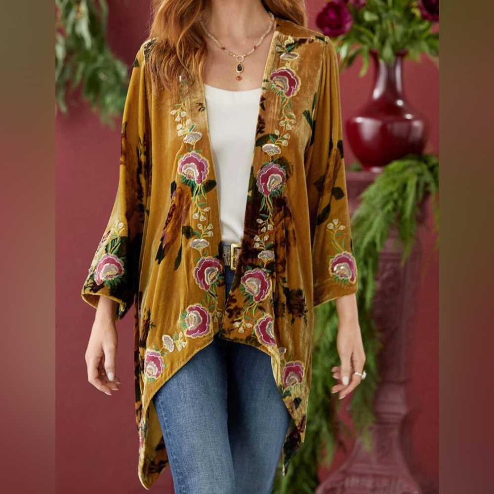 Sundance Velvet Floral Open Kimono in Mustard and Pink